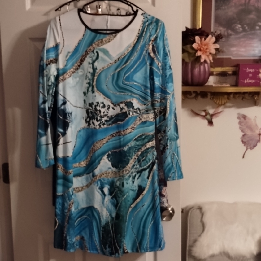 Stylish Blue and White Long Sleeve Dress